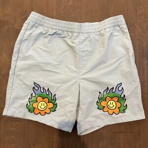 A-Lab Shorts Mens XL Light Blue Smiley Flower Flame Nylon Swim Trunks Zip Pocket